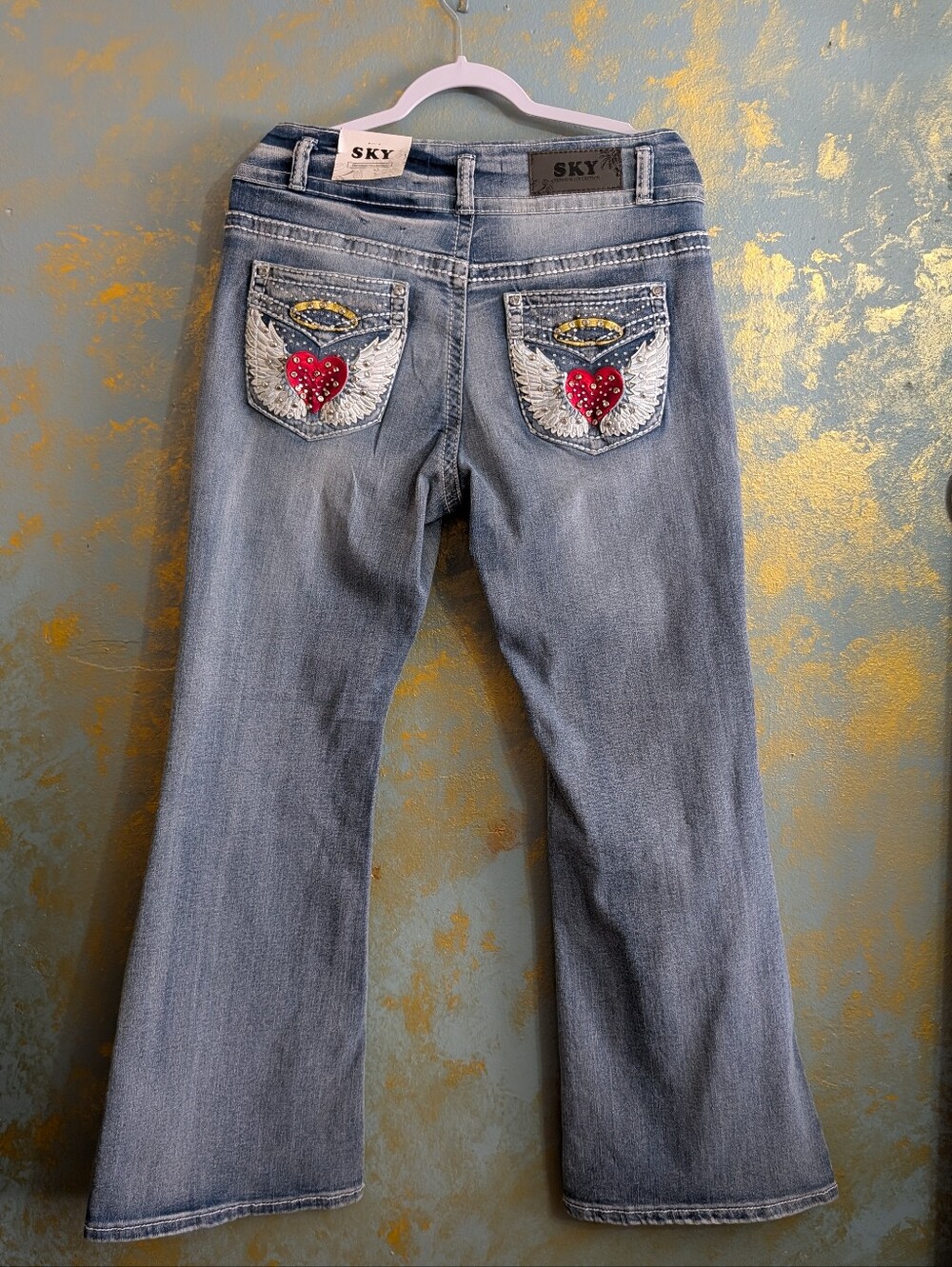 Sky Women's Light Blue Flare Jeans with Embroidered Heart & Wing Pockets NWT